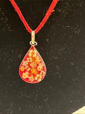 .925 real dried flowers pendant necklace Red suede